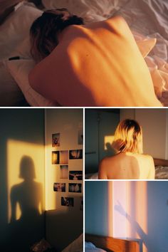 three pictures of a woman laying in bed with her shadow cast on the wall