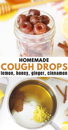 homemade cough drops in a jar with lemons and cinnamon