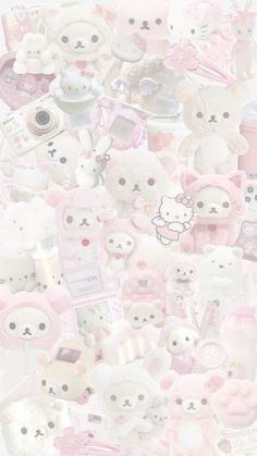 many small teddy bears are grouped together in this photo, with pink and white colors