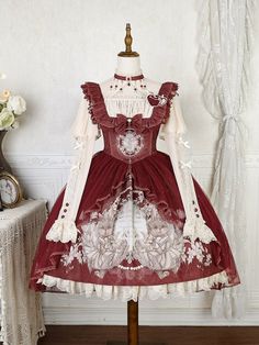 Red Dark Bunny Print Basque Waist Lolita Dress + Beige Bishop Sleeves Top Red Cute Dress, Steampunk Fashion Female, Basque Waist, Gothic Skirts, Embroidery Skirt, Red And White Dress, Lolita Outfits, Bunny Dress, Dress Beige