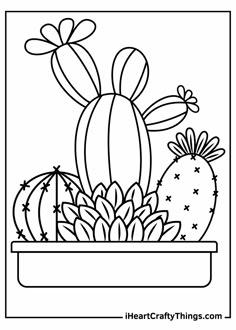 a cactus in a pot with flowers on it coloring pages for kids, printable