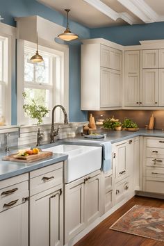 a kitchen with blue walls and white cabinets, an island sink and wooden flooring