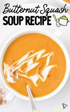 butternut squash soup recipe in a white bowl with spoons on the side and text overlay