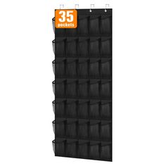 a display rack with 35 pockets on the front and an orange sign that reads 33 pockets