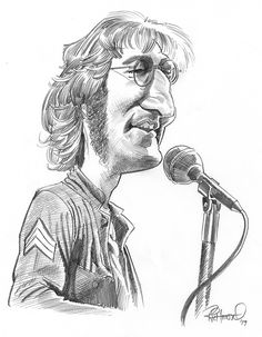 a pencil drawing of a man with glasses and a microphone in front of his face