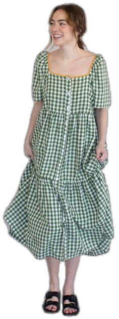 Spring Gingham Plaid Dress With Buttons, Casual Dress With Button Closure For Picnics, Casual Dress With Button Closure For Picnic, Button Closure Dress For Picnic, Casual Gingham Tiered Dress, Casual Dresses With Button Closure For Picnic, Casual Tiered Gingham Dresses, Summer Plaid Dresses With Pockets, Gingham Dresses With Buttons For Picnic