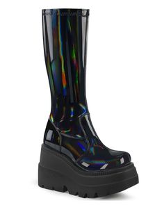 Holographic Boots, Hot Topic Shoes, Stretch Knee High Boots, Demonia Boots, Knee High Platform Boots, Demonia Shoes, Wedge Heel Boots, High Wedges, Black Vinyl