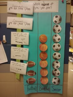 a bulletin board with sports balls on it