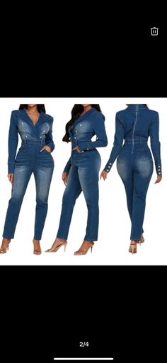 Double breasted long sleeve denim jumpsuit, the perfect addition to your wardrobe. This jumpsuit is designed to provide a sleek and stylish look.  Made from durable denim material, this jumpsuit is perfect for those who want a versatile piece that can be dressed up or down. Long Sleeve Denim Jumpsuit With Pockets, Casual Long Sleeve Medium Wash Denim Jumpsuit, Casual Medium Wash Long Sleeve Denim Jumpsuit, Casual Long Sleeve Denim Jumpsuits And Rompers, Long Sleeve Denim Blue Jumpsuit With Pockets, Casual Denim Jumpsuits And Rompers With Long Sleeves, Chic Medium Wash Jumpsuits And Rompers For Fall, Chic Medium Wash Jumpsuit For Fall, Dark Wash Long Sleeve Denim Jumpsuit With Button Closure