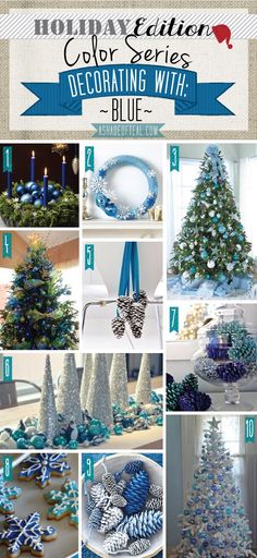 blue and white christmas tree decorating with snowflakes, pine cones, ornaments