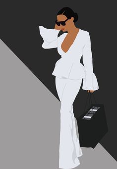 a woman in a white dress holding a black bag