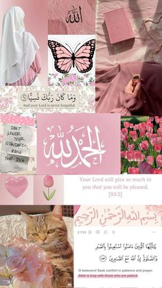 a collage of pink and white images with flowers, butterflies, hearts, and words