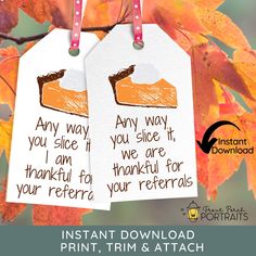 two thanksgiving gift tags hanging from a tree with fall leaves and the words, any way you slice it, i am, thank you are grateful for