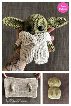 a crocheted baby yoda doll is shown with the instructions to make it