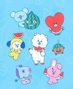 a bunch of cartoon bears on a blue background with watermelon and heart shaped balloons