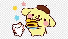 a cartoon bear holding a stack of pancakes with a cat next to it and stars in the background