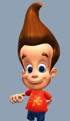 a cartoon boy with big blue eyes and a red shirt is pointing at the camera