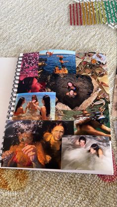 an open book with pictures of people in the water and on the floor next to colored pencils