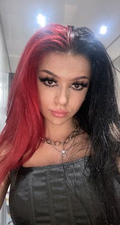 Red Strands In Black Hair, Black Hair Split Dye, Split Dye Red And Black, Half Black Half Blue Hair, Black And Red Split Dye, Red Split Dye Hair, Half Black Half Red Hair, Red And Black Split Dye, Half Red Half Black Hair