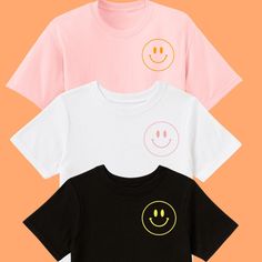 Smiley Face T-shirt  100% Cotton The Pink color for baby & toddler are both a light pink but slightly different shades. See pictures for details! Smiley Face T Shirt, Smiley Face Tshirt, Trendy Shirt Designs, Kids Graphic Tees, Vinyl Lettering, Kids T Shirts, Smiley Face, The Pink, Smiley