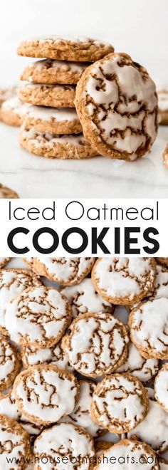 iced oatmeal cookies stacked on top of each other with the words iced oatmeal cookies above them