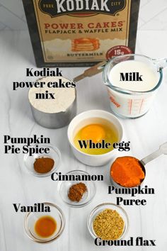 ingredients to make kodiak cake mix on a white counter top with text overlay