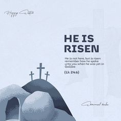 a blue and white poster with the words he is risen