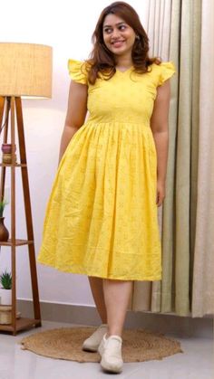 Womens Frocks Dresses, Schifilli Dress, Short Cotton Frock For Women, Yellow Frocks For Women, Hakoba Dress Patterns, Hakoba Kurti Patterns, Hakoba Frocks For Women, Hakoba Kurti, Frock Models For Women