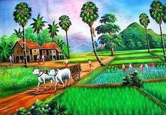 a painting of people and animals working in a rice field with palm trees on the other side