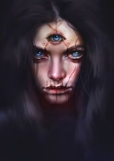 a woman's face with blue eyes and blood on her cheek, in the dark