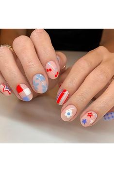 24Pcs 4th of July Press on Nails Short Red&amp;Blue&amp;White Fake Nails Flower Stars Designs 4th of July Acrylic Nails for Women and Girls Nail Decorations Red White And Blue Cherry Nails, Cute Fourth Of July Nails, Fourth Of July Nails Designs, 4th Of July Nails Design, Forth Of July Nails, July 4th Nails, Red White And Blue Nails, Red White Blue Nails, Nails Coffin Shape