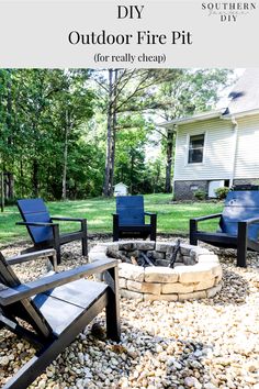 an outdoor fire pit with chairs around it