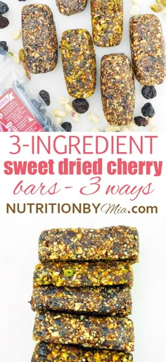 three ingredient sweet dried cherry bars with granola toppings and text overlay that reads, 3 ingredient sweet dried cherry bars