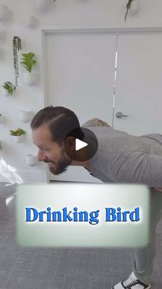 a man is doing a plank exercise with his feet on the floor and drinking bird