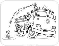 the tow truck from cars coloring page with flowers in the foreground and an image of a