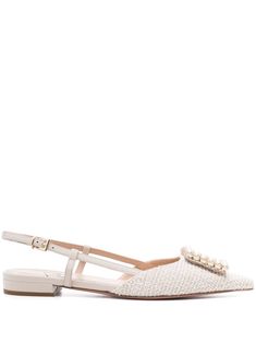 light beige/off-white calf leather tweed panelling faux-pearl embellished buckle detail gold-tone hardware pointed toe buckle-fastening slingback strap leather lining branded footbed flat sole Bridal Flats, Line Branding, Ballerina Shoes, Light Beige, Flat Shoes Women, Calf Leather, Faux Pearl, Leather Straps, Dress Shoes