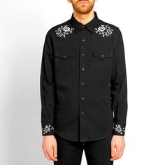 Brand New Unworn With Original Saint Laurent Paris Tag Saint Laurent Paris Ysl Iconic Floral Embroiled Denim Long-Sleeve Western Shirt Jacket Color: Black Rinse Size: Label Size Xl Fit For Us Men Size Large To X-Large Retail: $1190 Plus Tax From The Left Bank To The Wild West, Saint Laurent Continue To Deliver With The House’s Heritage Remaining At The Core Of Each Design. This Western Shirt Fuses Jet-Black Denim With Authentic American Details. Crafted In Italy With A Classic Yoke And Floral Em Yves Saint Laurent Shirt, Yves Saint Laurent Dress, Yves Saint Laurent Men, Saint Laurent Dress, Western Denim Shirt, The Wild West, Wool Shirt, Saint Laurent Paris, Mens Button Up