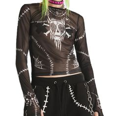 This Crop Top That Has A Sheer Mesh Construction, Stitching Graphics All Over, Thumbhole Cutouts, And A Skull And Crossbones Printed Across The Chest. Black 94% Polyester, 6% Spandex Hand Wash Cold, Hang Dry Exclusively At Dk Spring Gothic Mesh Top, Fitted Mesh Tops In Grunge Style, Halloween Punk Stretch Tops, Black Mesh Top With Edgy Style, Stretch Grunge Party Tops, Punk Style Black Top For Halloween, Edgy Mesh Tops For Halloween, Stretch Grunge Tops For Party, Black Gothic Mesh Top For Night Out