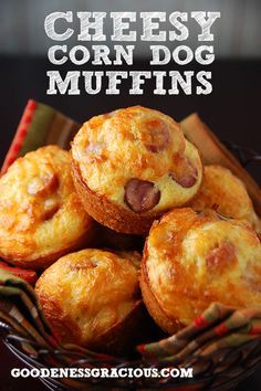 cheesy corn dog muffins in a basket with the title above it