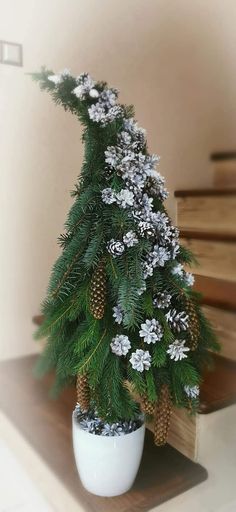 a potted plant with pine cones and snow flakes