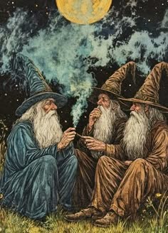 three wizard's are sitting in the grass at night, with a full moon behind them