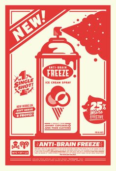 an advertisement for the ice cream spray is shown in red and white, with black lettering