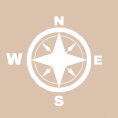 a white compass on a beige background with the words nw e s written below it