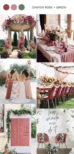 a collage of photos with pink chairs and table cloths, flowers and greenery