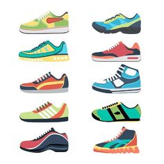 size: 12x12in Art Print: Sports Shoes Vector Set. Fashion Sportwear, Everyday Sneaker, Footwear Clothing Illustration by MSSA : Clothing Illustration, Shoes Vector, Sneakers Illustration, Shoe Advertising, Black Friday Sale Banner, Colorful Sneakers, Shoes Illustration, White Tennis Shoes, Workout Shoes