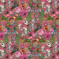 a pink and green fabric with animals on it