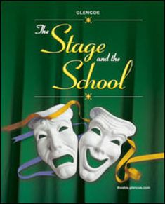 the stage and the school book cover shows two masks with ribbons around their necks, against a green curtain