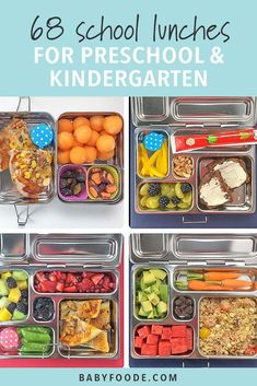 four different lunch boxes with food in them and the words, 6 school lunches for preschool