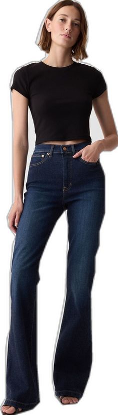 Gap Dark Wash Wide Leg Bottoms, Gap Wide Leg Flare Jeans, Classic Mid-rise Gap Bottoms, Classic Mid-rise Bottoms By Gap, Gap Classic Mid-rise Bottoms, Gap Fitted High Waist Jeans, Gap High Waist Fitted Jeans, Jeans Look, Dark Indigo