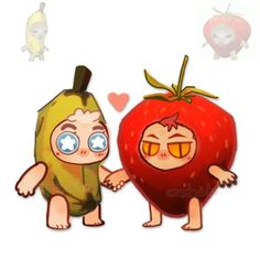 two cartoon characters are holding hands next to a large red tomato with eyes on it